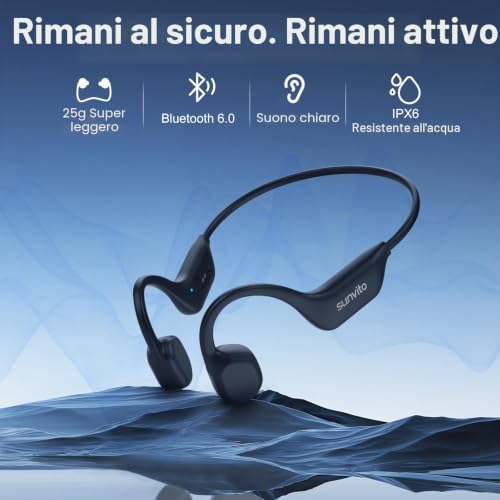 Cuffie a Conduzione Ossea Bluetooth 6.0, Auricolari Wireless Open Ear, Impermeabili IPX6, Connettività Doppia, 10 Ore di Autonomia, Cuffie Sportive per Corsa, Ciclismo e Palestra
