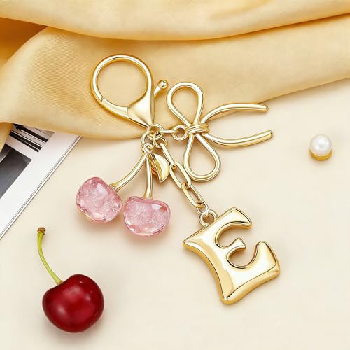 MWOOT Llavero con Letra inicial de burbuja con lazo y cereza, Llaveros de Letra lindos para mujeres,Encantos de bolso mochila y bolso de mano, Rosa
