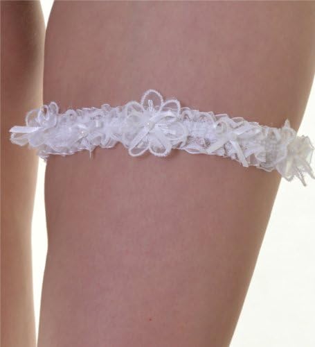 White Brides Wedding Garter with Fancy Lace and White Ribbon Bows with Pearl Beads