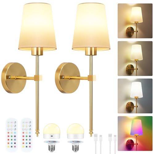Apliques de Pared Inalámbricos Recargables, Juego de 2 Lámparas de Pared con Control Remoto, Luz LED Regulable 3000K-6500K RGB, Sin Cable, para Recámara, Sala, Pasillo, Cocina