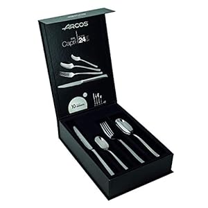 Arcos Serie Capri – Cubertería de 24 piezas en una Caja de Regalo (6 cuchillos + 12 cucharas + 6 tenedores) – Monoblock de una pieza en Acero Inoxidable Color Plata