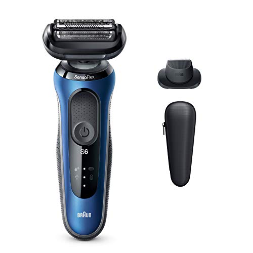 Braun Electric Razor for Men, Series 6 6020s SensoFlex Electric Shaver with Precision Trimmer, Rechargeable, Wet & Dry Foil Shaver with Travel Case, Black/Blue