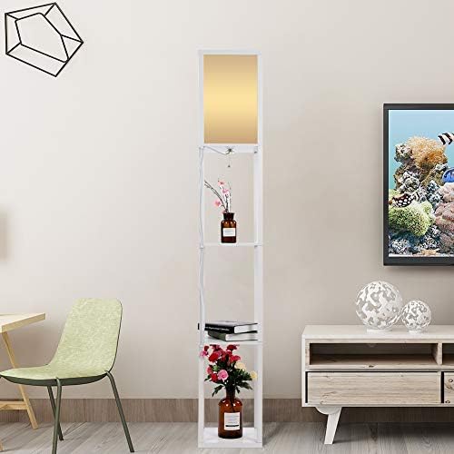 Wooden Frame LED Shelf Floor Lamp, Oak Wooden Fabric Floor Lamp with