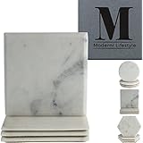 Premium Marble Coasters - World Class Quality Makrana Marble by Moderni Lifestyle - Round, Square & Hexagonal Designs - Protective Cork Backing - Luxury Gift Box Set Of 4-4 inch 10cm diameter