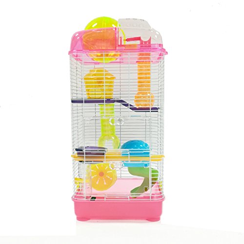 YML 3-Level Clear Plastic Dwarf Hamster Mice Cage with Ball on Top, Pink