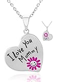 ''I Love You Mommy'' Engraved Heart w/Pink Flower Pendant Necklace Gift from Child Daughter to Mother - Mother's Day Jewelry Gifts