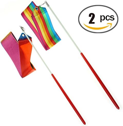 Caryo Dance Ribbons Rhythmic Gymnastics Ribbons for Kids Baton Twirling Dancing Streamers Rainbow Color, 2 Set