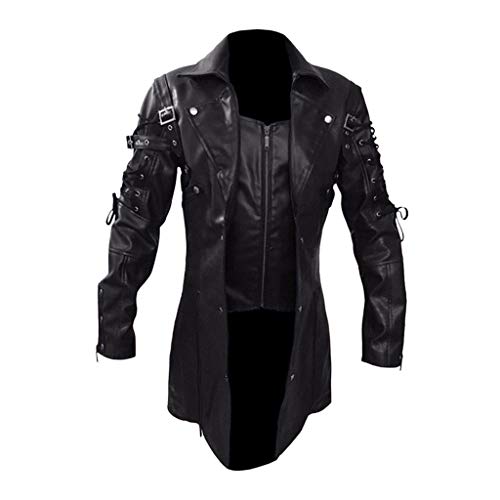 LUCAMORE Mens Leather Goth Matrix Trench Coat Trench Coat Steampunk Gothic Gothic of Month (Red/Black) M-XXL