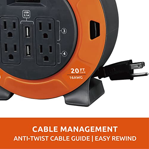 Link2Home Heavy Duty Retractable Extension Cord Reel 20 Ft. With 4