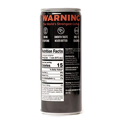 Death Wish Coffee, Cold Brew Cans, The World's Strongest Coffee, Organic Iced Coffee Drink - 8 Ounces - 300 mg of caffeine - 4 Pack (Unsweetened Black)