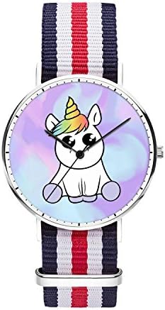 Men 40mm Stainless Steel Silver Classic Quartz Cute Unicorn Watch Blue White Red White Blue Nylon Replaceable Multi-Color Striped Nylon Band, Under 20 Dollar Amout