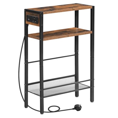 HOOBRO Narrow Side Table with Charging Station, Skinny Nightstand with USB Ports and Outlets, Slim Sofa End Table, Industrial Bedside Table with Storage Shelf, Rustic Brown and Black EBF102KBZ01