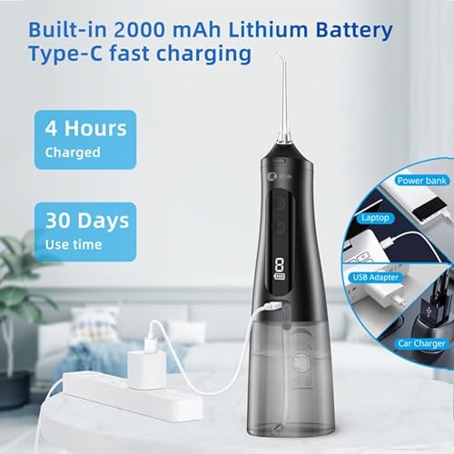 R REVA Professional Water Flosser - Cordless Oral Irrigator with 360° Nozzle, 350ML Reservoir, IPX7 Waterproof, Rechargeable - Dental Floss Tool for Teeth, Braces & Gums - Black (M131)