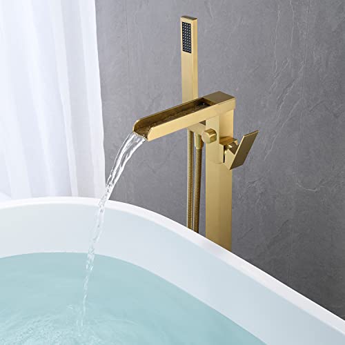 Wowkk Freestanding Bathtub Faucet Brushed Gold Waterfall Tub Filler