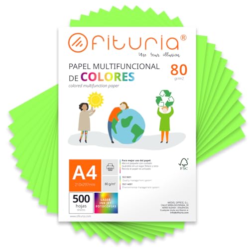 Folios de Colores, Pack 500 Hojas A4 80gr – Papel de Colores para Manualidades, Impresora, Scrapbooking – Folios Colores – Ideal Origami, Papiroflexia, Oficina y Escuela (Verde Flúor, 500h)