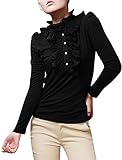 Allegra K Women Ruffle Neck Blouse Half Placket Stand Collar Puff Sleeve Shirts