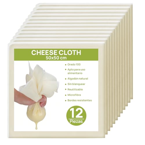 Cheese Cloth de Algodón 100% Natural - 12 Manta de Cielo Reutilizables 50x50 cm, Sin Blanquear - Grado Alimenticio, Colar Leche, Hacer Queso, Yogur - Tela Reforzada y Duraderos, Fácil Limpieza