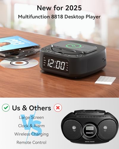 MONODEAL Portable CD Player with Wireless Charger for Phone, Portable CD Player Bluetooth and FM Radio for Home, Remote Control, Large Display, Alarm Clock, SleepTimer