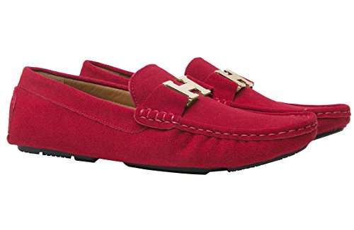 Santimon Men's Casual Gold Buckle Leather Slip-on Loafer Driving Car Shoes Moccasin Shoes Red 10.5 D(M)US