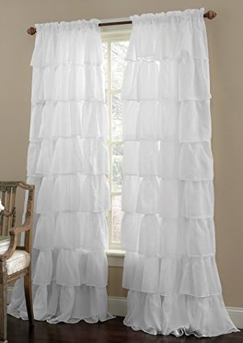 2pcs Gypsy Ruffled Full Stitched Curtain Panel Drape Window Treatment or Shower Curtain(only 1 curtain for shower) in 22 Colors &amp; 4 Different Sizes (84", White )