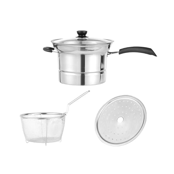 STAINLESS STEEL STUDENT POT, 8.6 “FOR 1-2 PEOPLE, COOKING POT, DEEP FRYER, STEAMER, MULTIPURPOSE POT. FEATURES GLASS LID, STAINLESS STEEL STEAMER RACK AND BASKET.