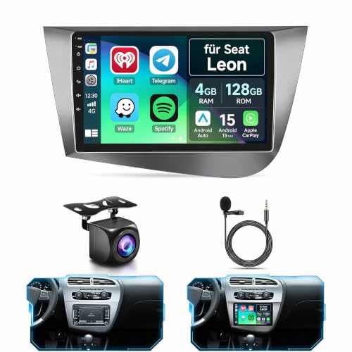 Fuluku 4+128GB Android 15 Car Radio for Seat Leon MK2 2005-2012 Carplay Android Auto Wireless, 9 Inch Touch Screen Autoradio Bluetooth/GPS/Reverse Camera/FM/RDS/EQ/WiFi/SWC/UI