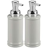 mDesign Foaming Soap Ceramic Dispenser Pump Bottle for Bathroom Vanities or Kitchen Sink, Countertops - Pack of 2, Light Gray/Chrome