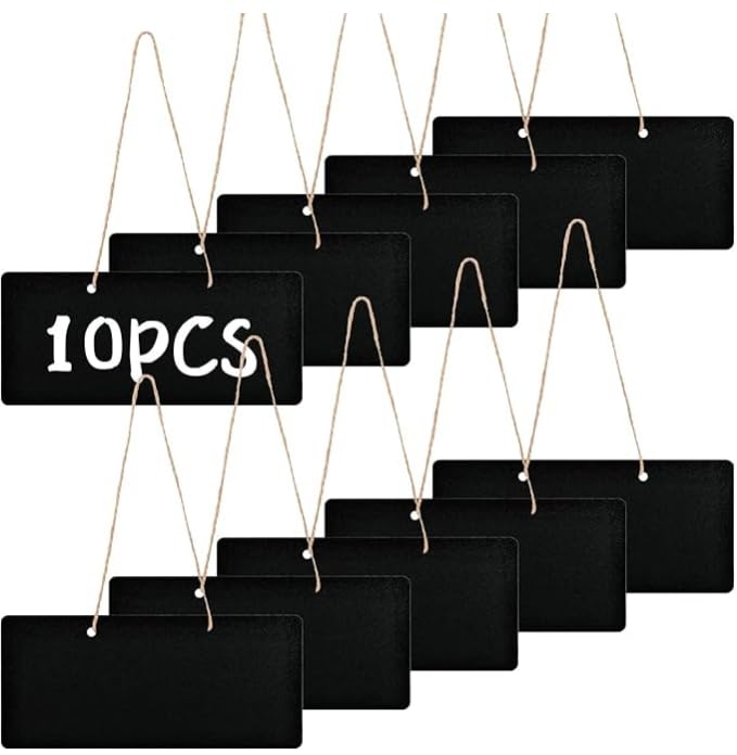 10 pcs Small Hanging Chalk Board Sign, Mini Hanging Chalkboard Sign Double Sided Blackboards, Wooden Rectangle Hanging Message Board for Home Office Party Restaurants Cafes Wall