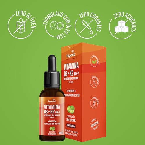 Biogens Vitamina D3 + K2 MK-7, em Gotas, D3 2000UI | K2 100mcg, Sabor Limão, Kit 2x 20ml