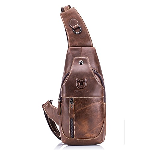 Bull Captain Sling Backpack Genuine Leather Chest Shoulder Bags Casual Crossbody Bag Travel Hiking Daypacks 019 (Brown)