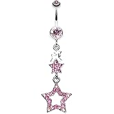 Pierced Owl 14GA Stainless Steel CZ Crystal Layered Star Sparkling Dangling Belly Button Ring