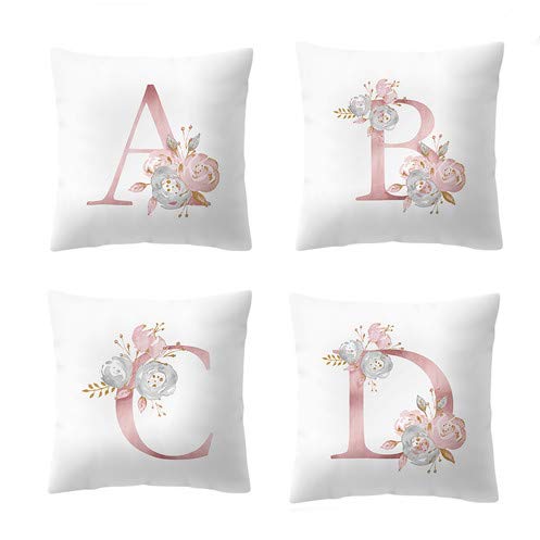 Bronzing Letter Throw Pillow Cover Cushion Case Decorative Pillowcase for Home Sofa Bed Car (ABCD LETTER White and Rose Gold, 18 × 18 Inch)