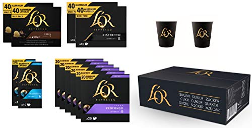 L'OR Espresso Kaffee Bündel - 300 kompatible Nespresso ® Aluminium Kaffeekapseln + 200 L'OR Papierbecher + 900…
