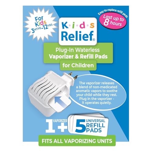 Kids Relief Plug-in Waterless Vaporizer + 5 Soothing Non-Medicated Lavender Menthol Eucalyptus Vapor Refill Pads, 1 ct