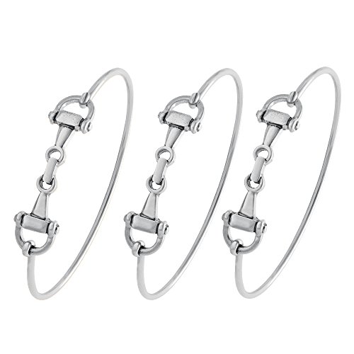 SENFAI Horse Snaffle Bit Hook Clasp Charm Bracelet Bangle Jewelry (Antique Plated Bracelet 3 pcs Set, Rhodium-Plated-Base-Metal)