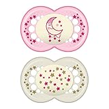 MAM Night Pacifiers (2 Count), MAM Pacifiers 6+ Months, Best Pacifier for Breastfed Babies, Glow in the Dark Pacifier, Pink and White
