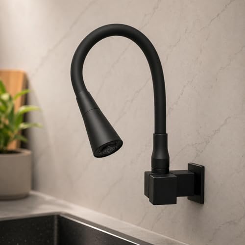Torneira Gourmet de Parede Preta Fosca Flexível 1/4 Volta em Aço Inoxidável, Bica Móvel, Estilo Moderno para Cozinha, Alta Durabilidade e Acabamento Premium