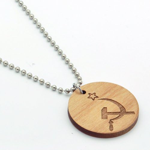 Hammer and Sickle Sign Wooden Pendant with Steel Bead Necklace SwaggWood Made in USA