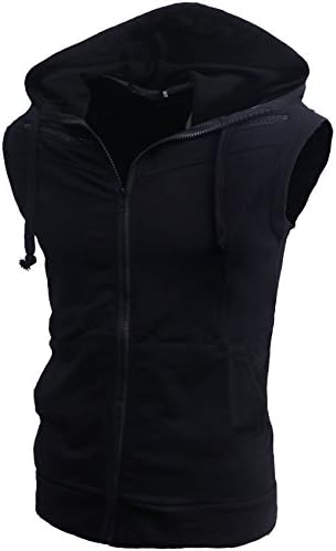 Lende Mens Active Casual Color Blocks Sleeveless Hoodie Zip-up (M, Black)