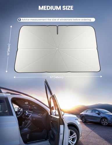 Lamicall Parasol para Auto Parabrisas - 57" L x33 W [5 Capas de Nano Coating] [10 Costillas de Fibra de Vidrio] Cubre Sol para Auto, Plegable Sombra para Mediano Sedan, SUV, Accesorios para Automovil
