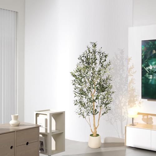 FEELEAD Olive Trees Artificial Indoor 6ft with Planter – Faux Olive Tree with Natural Wood Trunk & Realistic Leaves, 6 Feet Tall Fake Olive Tree for Home Office Decor, Tall Faux Tree for Living Room