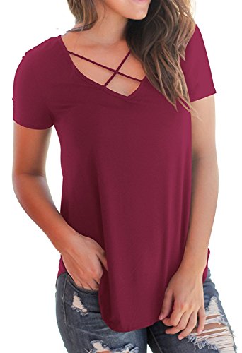 KUSMOO Women's Summer Cross Front Tops Loose Deep V Neck Junior Girls T Shirts (Wine Red, Medium) - Thumbnail 2