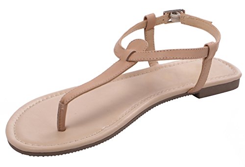 ABUSA Women's Fashion Thin Adjustable Nude Leather Flat Sandal Size 10 US