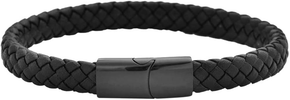 Geoffrey Beene Men's Braided Genuine Leather Bracelet with Stainless Steel Magnetic Closure, Black: Clothing