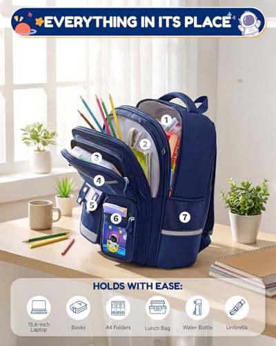 Amythe School Bag with Wheels for Boys 6-10 Years, Primary School Backpack with Removable Trolley, 6 Wheels, 20L School Bag with Reflective Strips for Children, Blue
