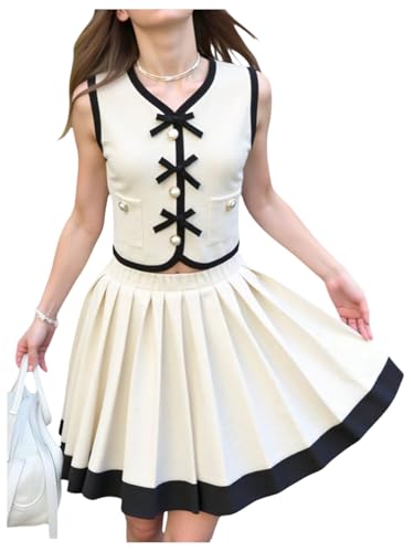 WDIRARA Girl's 2 Piece Outfit Bow Sleeveless Vest Pleated Skirt Set White 12Y at Amazon