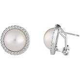 Magna Bijoux Silver Plated Brass CZ Halo 12mm Simulated Pearl Stud Earrings with English Lock