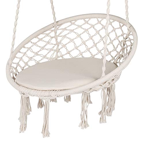 Ribelli Hängesessel, Hängestuhl, beige für die Deckenmontage mit Halteseilen und bequemen Sitzkissen Ø62 cm – Bild 3