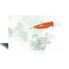 Canvas Wall Art - Red Golden Fish with Chinese Poet on Watercolor Style Background - Gallery Wrap Modern Home Art | Ready to Hang - 12x18 inches
