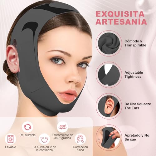 Faja Papada Facial Lifting，Correa Facial para V-Lifting ，Reutilizable Faja para Papada Mujer，Elástico y muy elástico，Eliminar la Flacidez de la Piel y Reafirmar con Efecto Antiarrugas (Negro)